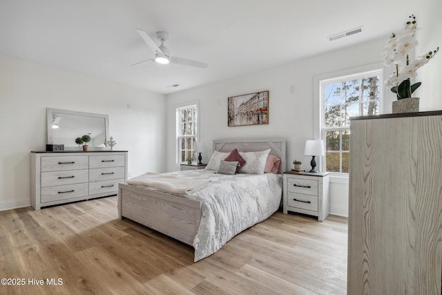 bedroom featuring light hardwood / wood-style flooring and ceiling fan