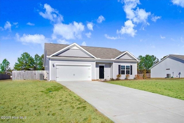 single story home with cooling unit, a garage, and a front lawn