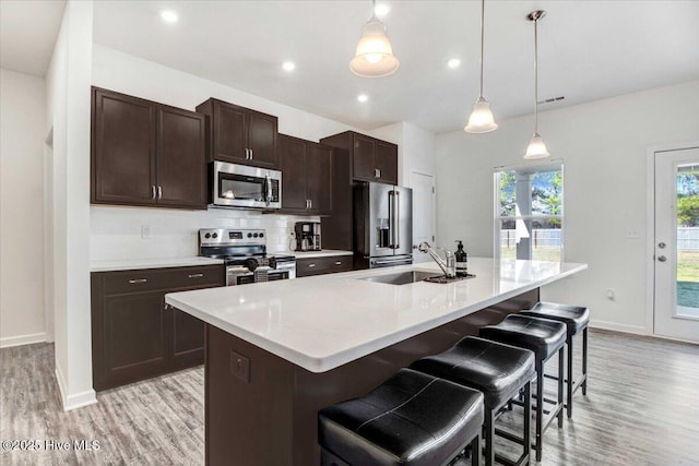 kitchen featuring pendant lighting, sink, appliances with stainless steel finishes, tasteful backsplash, and an island with sink