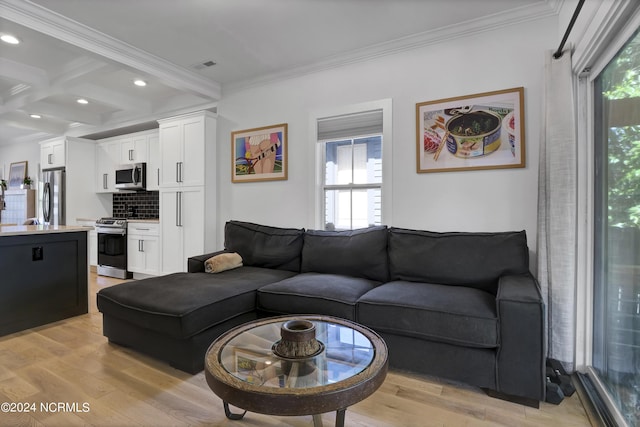 living room featuring coffered ceiling, beam ceiling, light hardwood / wood-style flooring, and ornamental molding