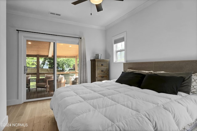 bedroom featuring ornamental molding, access to outside, ceiling fan, and light hardwood / wood-style floors