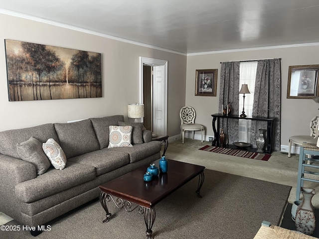 living room with crown molding and carpet floors