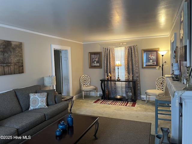 living room with ornamental molding and carpet flooring