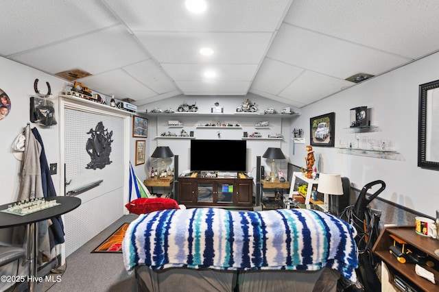 carpeted living room featuring lofted ceiling and a drop ceiling