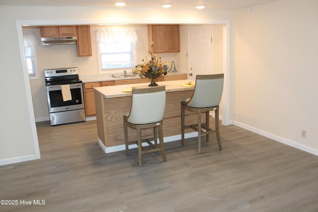 kitchen with a kitchen breakfast bar, dark hardwood / wood-style flooring, sink, and stainless steel electric range