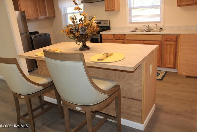 kitchen with stainless steel appliances, a healthy amount of sunlight, sink, and hardwood / wood-style floors