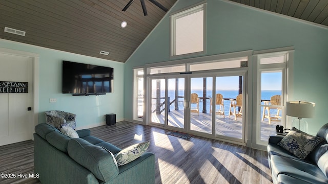 living room featuring hardwood / wood-style flooring, wooden ceiling, and high vaulted ceiling