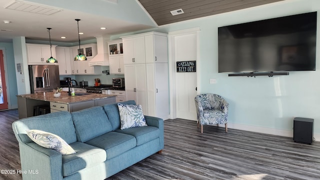 living room featuring sink and dark hardwood / wood-style floors