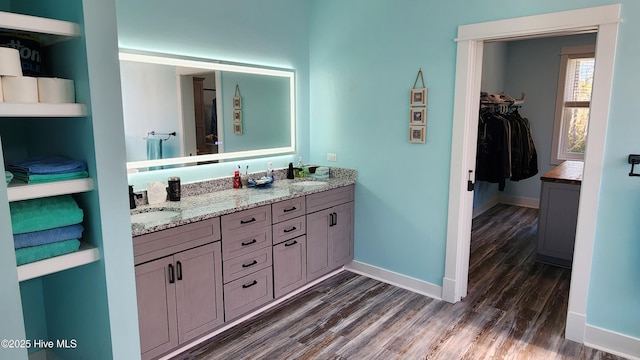 bathroom with vanity and hardwood / wood-style flooring