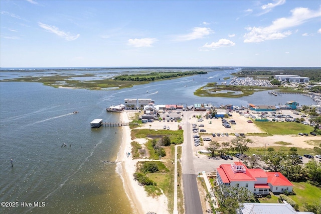 birds eye view of property featuring a water view and a beach view