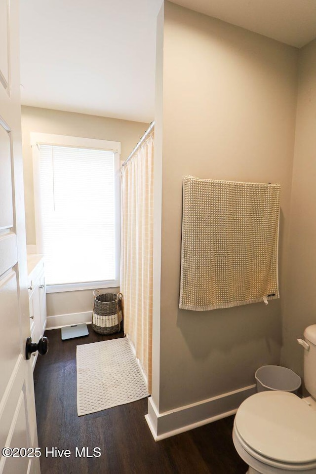 bathroom with hardwood / wood-style flooring, vanity, and toilet