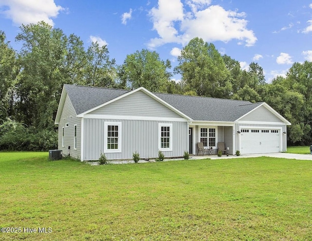 single story home with a garage, central AC unit, and a front lawn