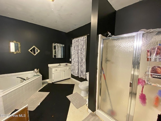 full bathroom with vanity, separate shower and tub, and toilet