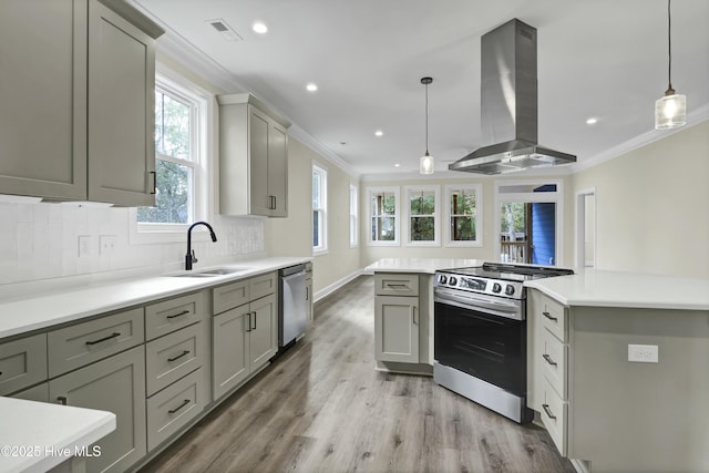 kitchen featuring ornamental molding, a sink, appliances with stainless steel finishes, exhaust hood, and backsplash