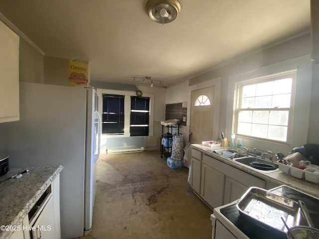 kitchen featuring sink, crown molding, concrete floors, a baseboard radiator, and white appliances