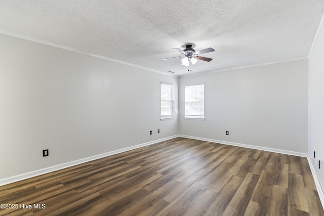 spare room with crown molding, ceiling fan, dark hardwood / wood-style floors, and a textured ceiling