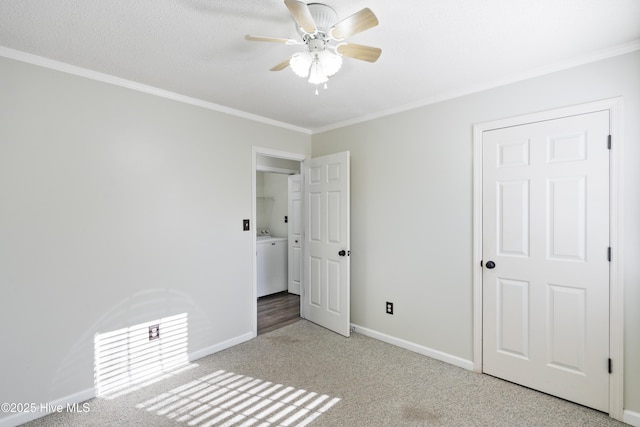 unfurnished bedroom featuring ceiling fan, light colored carpet, and ornamental molding