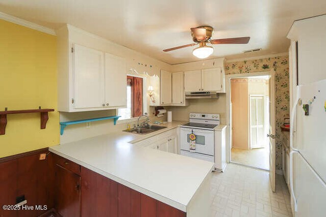 161 Willetts Dr, Boiling Spring Lakes, NC 28461 - kitchen featuring white appliances, extractor fan, a sink, a ceiling fan, and light countertops