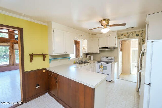 161 Willetts Dr, Boiling Spring Lakes, NC 28461 - kitchen featuring white appliances, a sink, a peninsula, crown molding, and ceiling fan
