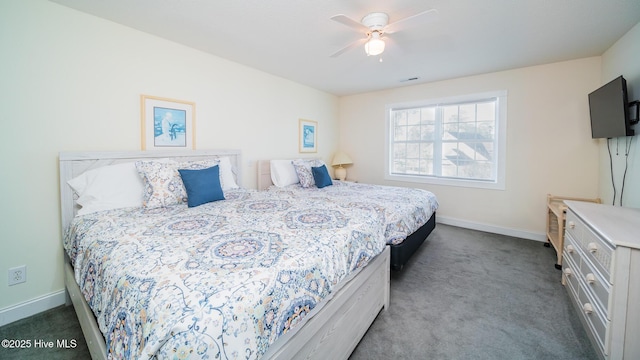 bedroom featuring carpet floors and ceiling fan