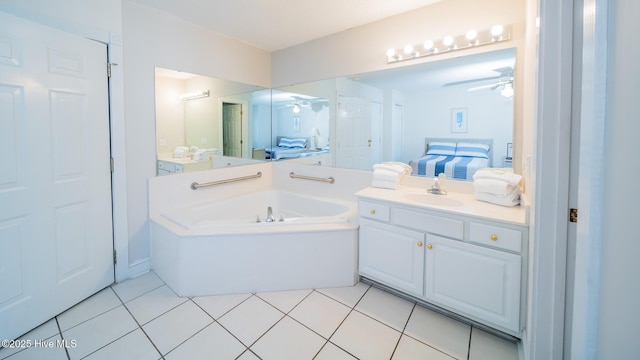 bathroom featuring vanity, tile patterned floors, and ceiling fan