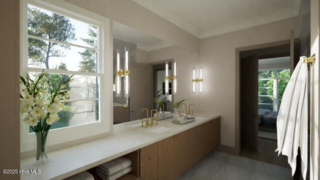 bathroom featuring crown molding and vanity