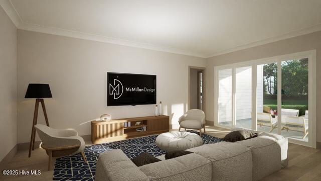 living room with hardwood / wood-style flooring and ornamental molding