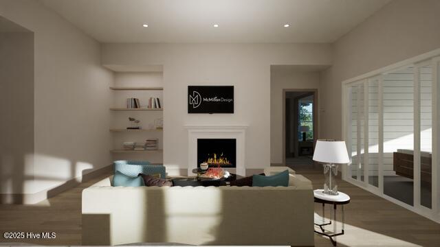 living room featuring dark wood-type flooring