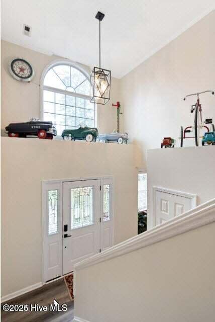 entrance foyer with hardwood / wood-style flooring and a towering ceiling