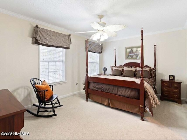 bedroom with light carpet, ornamental molding, and ceiling fan