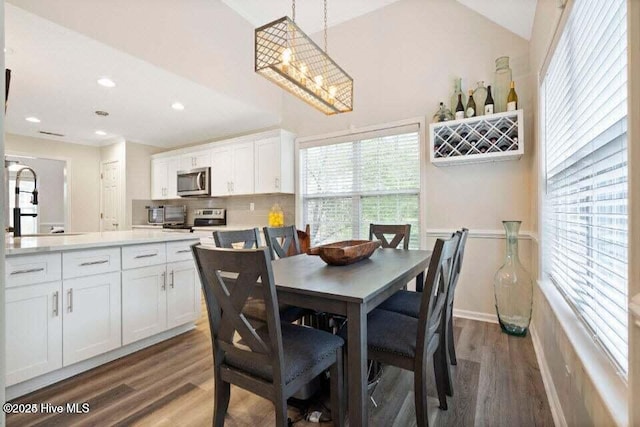 dining space with lofted ceiling and dark hardwood / wood-style flooring