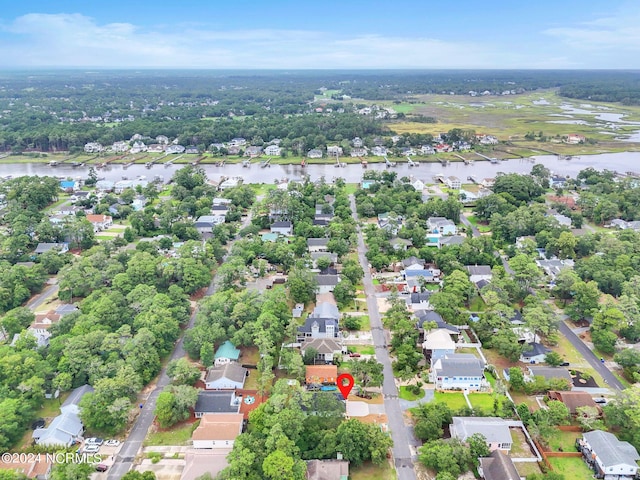 aerial view featuring a water view and a residential view