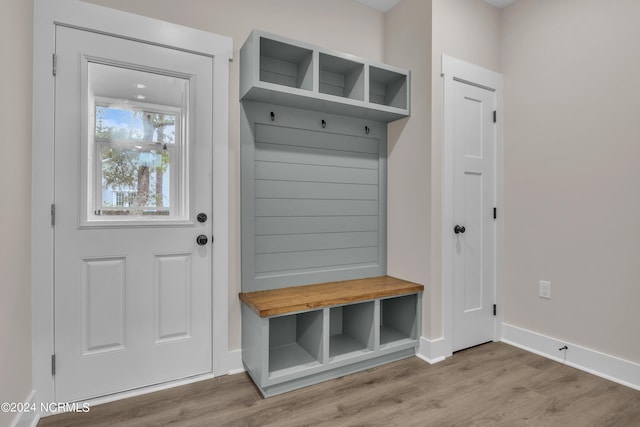 mudroom featuring baseboards and wood finished floors