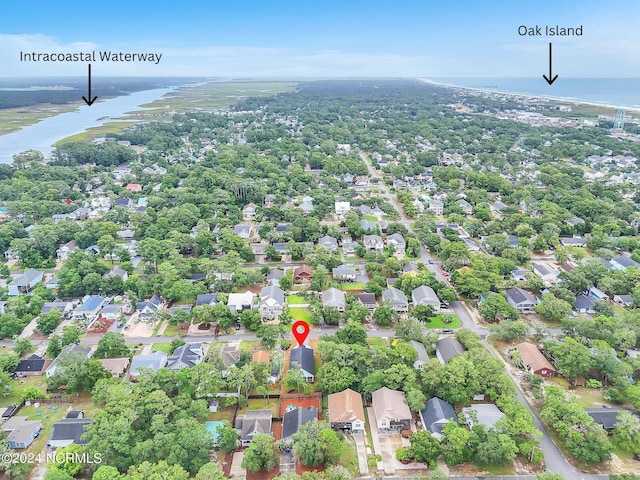 aerial view featuring a residential view and a water view