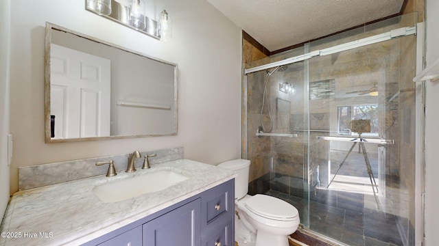 bathroom featuring vanity, a textured ceiling, a shower with door, and toilet