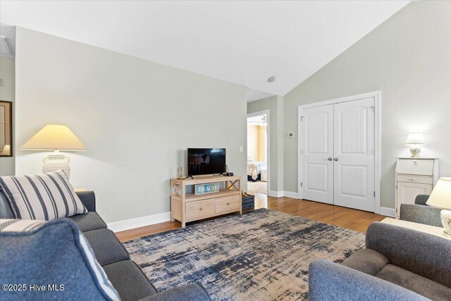 living room featuring wood-type flooring and lofted ceiling