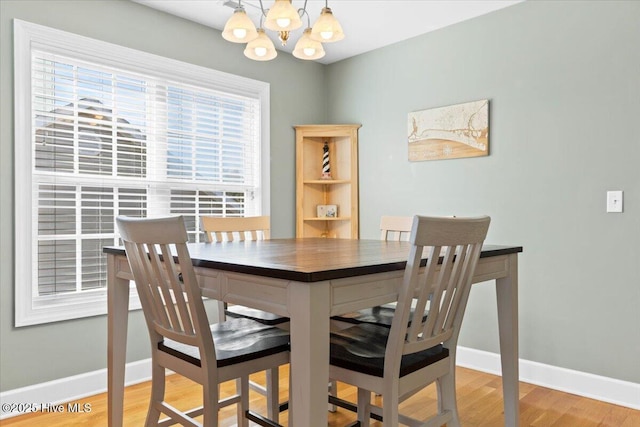 dining room with hardwood / wood-style flooring and a notable chandelier