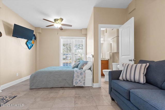 bedroom with ceiling fan and ensuite bathroom