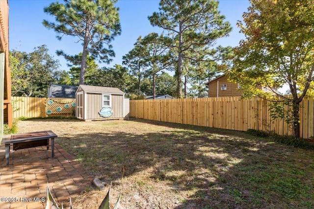 view of yard with a storage shed and a patio area