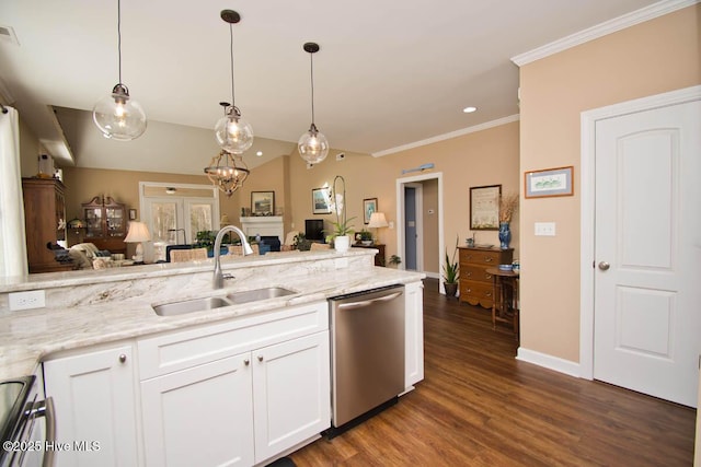 kitchen featuring white cabinetry, stainless steel dishwasher, sink, and pendant lighting