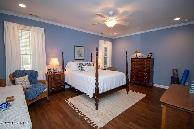 bedroom with dark wood-type flooring, ceiling fan, and crown molding