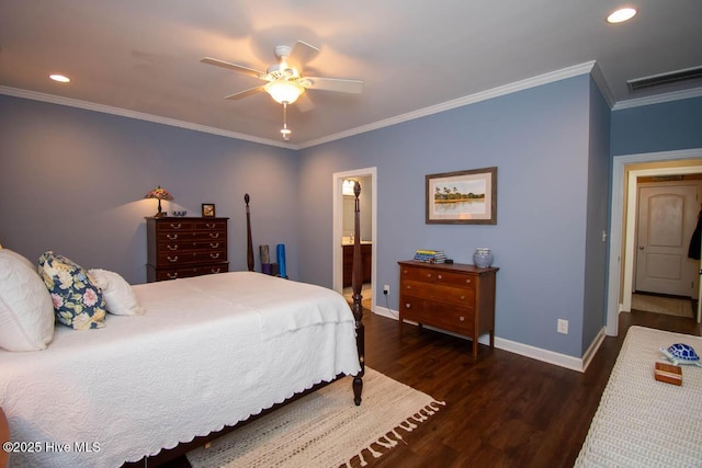 bedroom with ceiling fan, ornamental molding, dark hardwood / wood-style floors, and ensuite bath