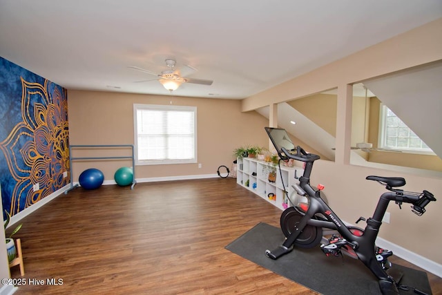 exercise room with hardwood / wood-style flooring and ceiling fan