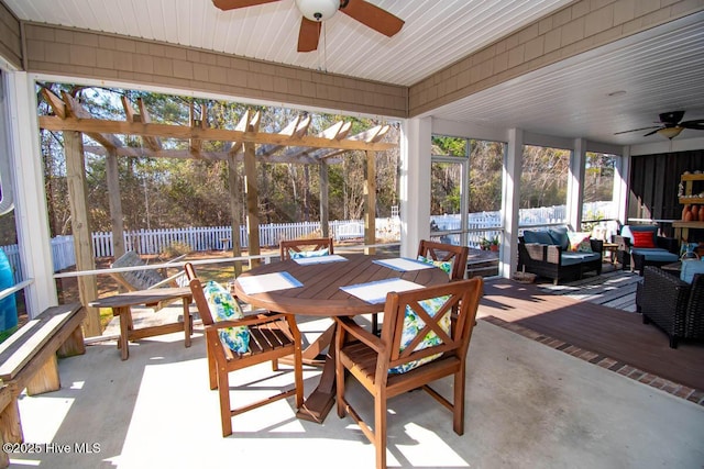 exterior space with ceiling fan, outdoor lounge area, and a pergola