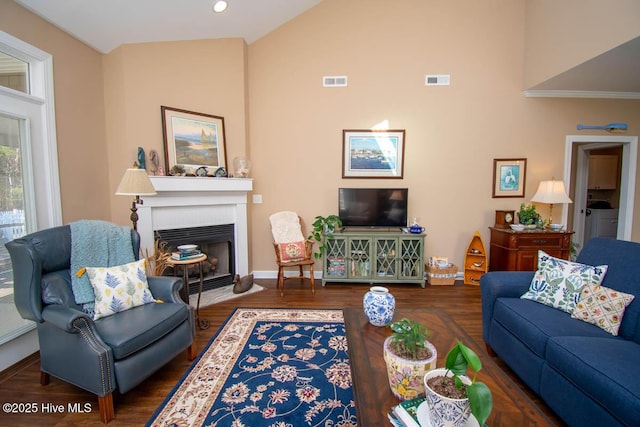 living room featuring dark hardwood / wood-style flooring, washer / clothes dryer, and high vaulted ceiling