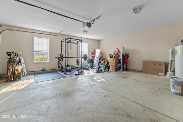 garage featuring a garage door opener and gas water heater
