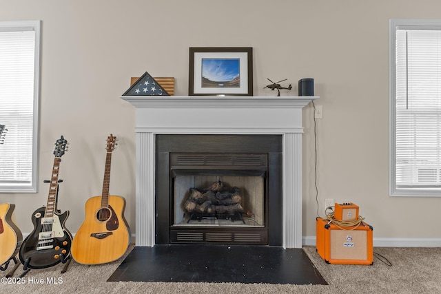 details featuring a fireplace with flush hearth, carpet, and baseboards