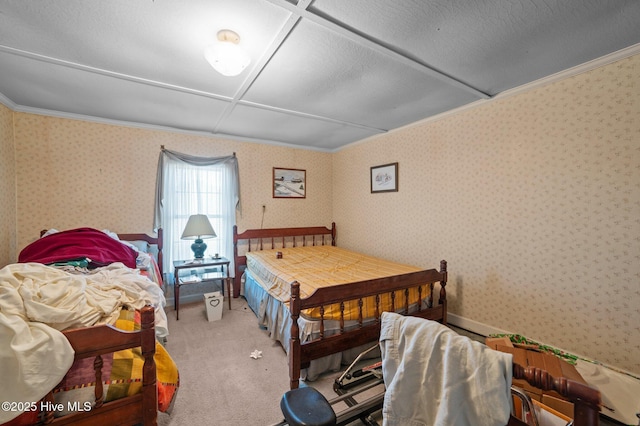 carpeted bedroom featuring ornamental molding