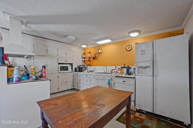 kitchen with sink, white appliances, ornamental molding, white cabinets, and a textured ceiling