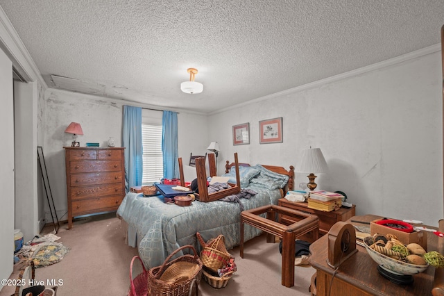 bedroom with ornamental molding, light colored carpet, and a textured ceiling